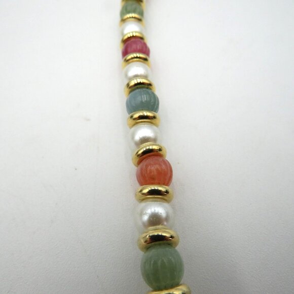 Beaded Necklace Faux Pearl Glass Carved Beads Multicolor Gold Tone Spacers Oval - Picture 11 of 13